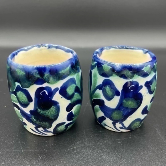 TALAVERA Mezcal Shot Glass Set of 2 Bird Blue Motif - Picture 1 of 7